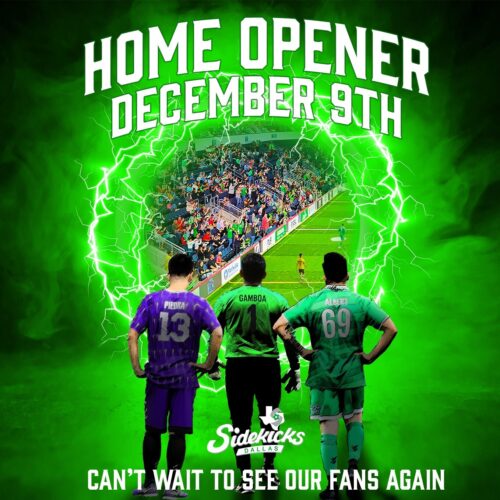 Three indoor soccer players looking out on a field with text saying Home Opener December 9th