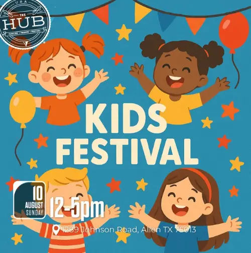 Kids Festival at The Hub logo with four cartoon children, stars, and balloons, August 10, 12-5 PM.