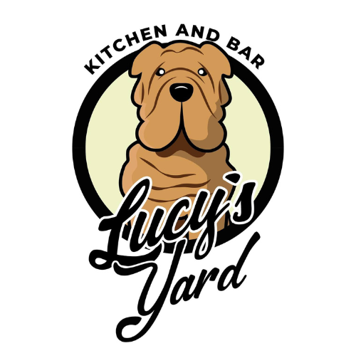 Logo for Lucy's Yard Kitchen and Bar featuring a brown dog with a wrinkled face inside a black circle.