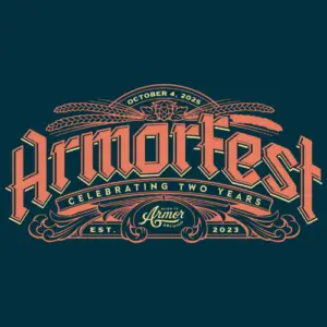 Armorer Brewing anniversary event graphic celebrating two years with decorative typography and date.