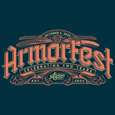 Armorer Brewing anniversary event graphic celebrating two years with decorative typography and date.