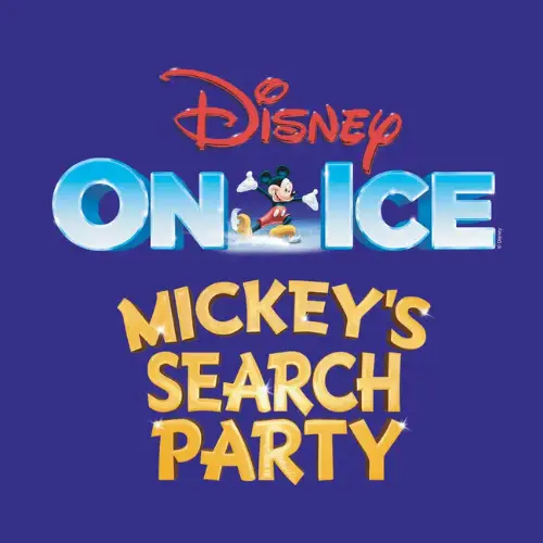 Logo for "Disney On Ice: Mickey's Search Party" with Mickey Mouse skating above the word 'ICE'.