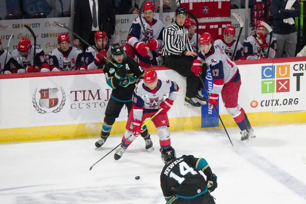 Allen Americans hockey players in action during a game in Allen, Texas.
