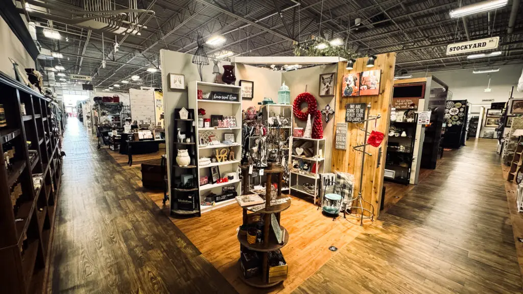 Aisles filled with home décor, gifts, and vintage treasures inside Lone Star Mercantile in Allen, Texas.