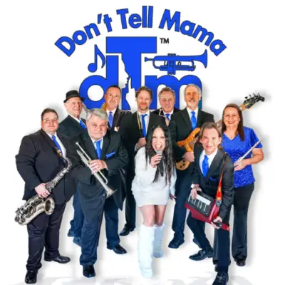 “Don’t Tell Mama” band promotional graphic featuring a group of musicians holding instruments against a white background.