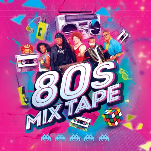 “80s Mix Tape” graphic featuring a band surrounded by retro items like a boombox, cassette tapes, and a Rubik’s Cube on a bright neon background.