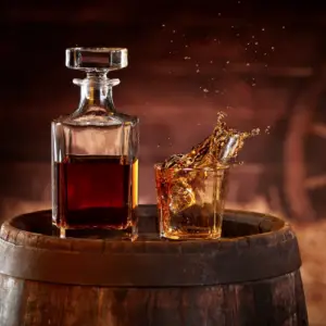 Glass decanter and whiskey tumbler with a splash of amber bourbon displayed on a wooden barrel during a spirits tasting experience.