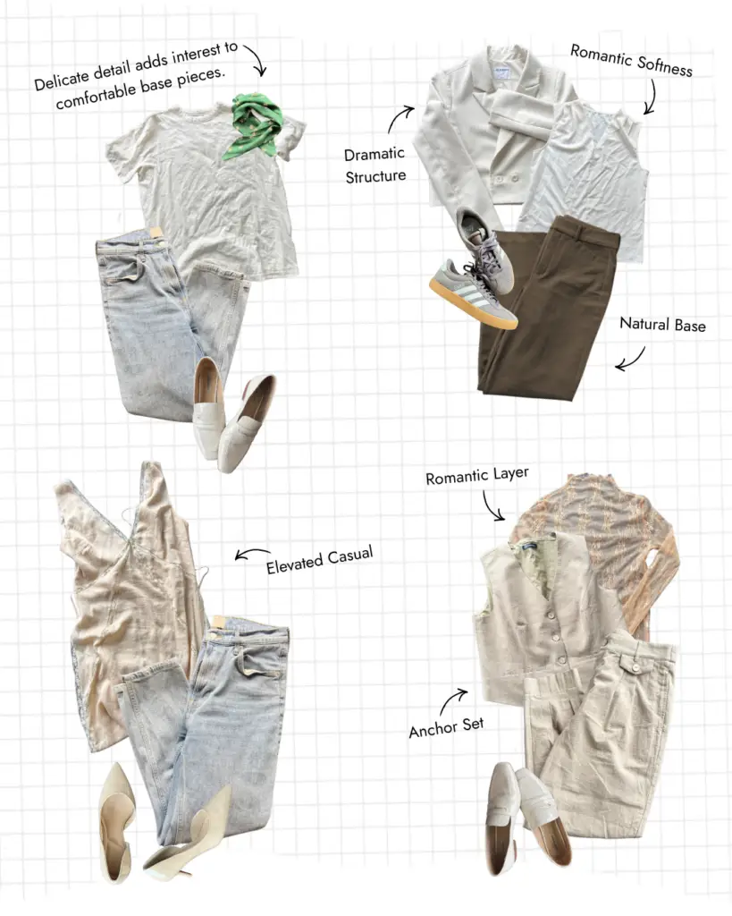 Graphic showing four neutral outfit combinations featuring layered clothing, structured pieces, and versatile styling elements.