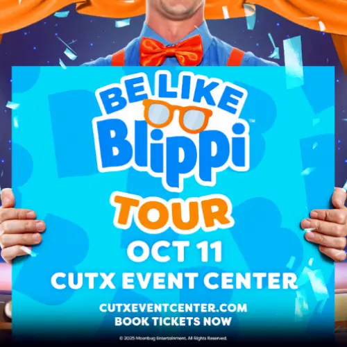 Promotional graphic for the Be Like Blippi Tour featuring the children's entertainer's signature orange bow tie and suspenders, with event details for an October 11 performance at Credit Union of Texas Event Center.