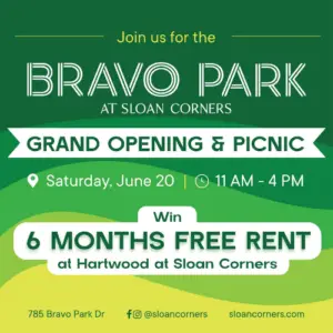 Promotional graphic for the Bravo Park at Sloan Corners Grand Opening and Picnic in Allen, Texas. Event takes place Saturday, June 20, from 11 a.m. to 4 p.m. at 785 Bravo Park Drive. Attendees can enter to win six months of free rent at Hartwood at Sloan Corners. More information at sloancorners.com.