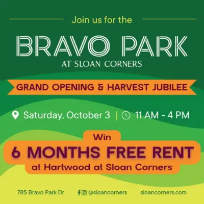 Promotional graphic for the Bravo Park at Sloan Corners Grand Opening and Harvest Jubilee in Allen, Texas. The event takes place Saturday, October 3, from 11 a.m. to 4 p.m. at 785 Bravo Park Drive. Attendees can enter to win six months of free rent at Hartwood at Sloan Corners. More information at sloancorners.com.