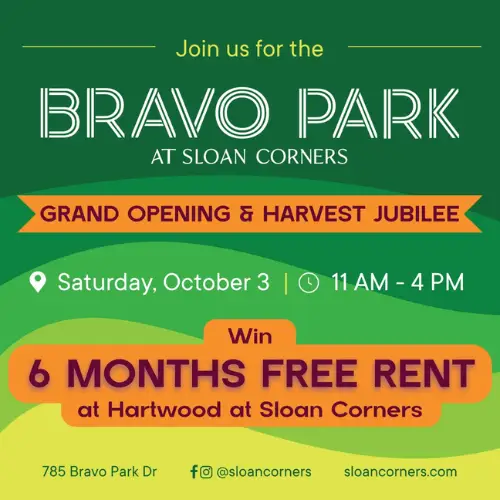 Promotional graphic for the Bravo Park at Sloan Corners Grand Opening and Harvest Jubilee in Allen, Texas. The event takes place Saturday, October 3, from 11 a.m. to 4 p.m. at 785 Bravo Park Drive. Attendees can enter to win six months of free rent at Hartwood at Sloan Corners. More information at sloancorners.com.