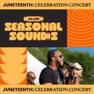 Singer performing on stage during the Juneteenth Celebration Concert at Allen Seasonal Sounds, an outdoor live music event featuring local and regional artists.