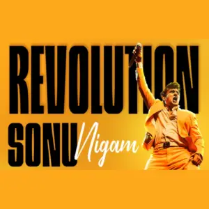 Promotional graphic for the Sonu Nigam Revolution Tour featuring the acclaimed Indian playback singer performing on stage, advertising an upcoming concert at Credit Union of Texas Event Center.