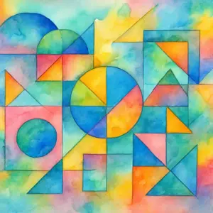 Colorful abstract geometric artwork featuring overlapping circles, triangles, squares, and rectangles painted in soft watercolor shades of blue, green, yellow, orange, and pink.