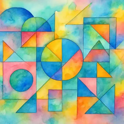 Colorful abstract geometric artwork featuring overlapping circles, triangles, squares, and rectangles painted in soft watercolor shades of blue, green, yellow, orange, and pink.