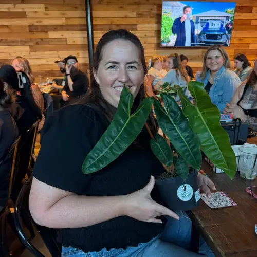 Guest smiles while holding a potted houseplant during a plant bingo event at Chicken N Pickle in Allen, Texas, with other participants seated in the background.