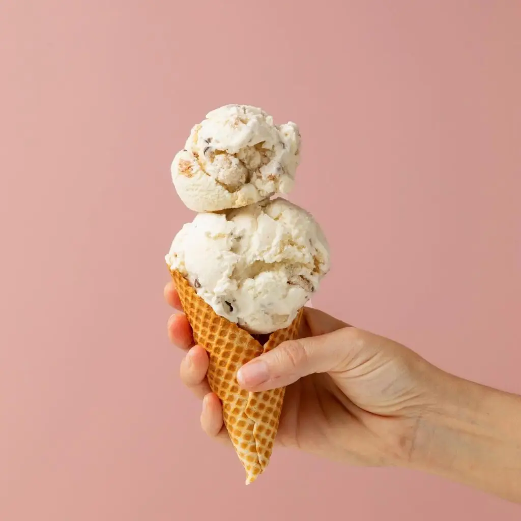 A hand holds a waffle cone with two scoops of ice cream from Joy Macarons in Allen, Texas, against a pink background.