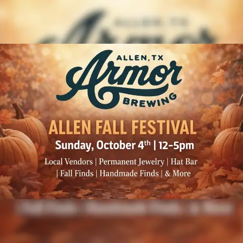 Fall-themed promotional graphic for the Allen Fall Festival at Armor Brewing in Allen, Texas, featuring pumpkins and autumn leaves surrounding event details.