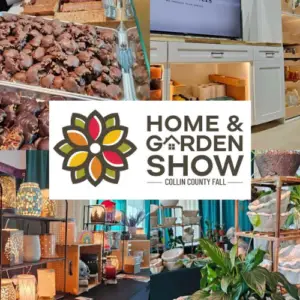 Collin County Fall Home & Garden Show graphic featuring a collage of specialty foods, home products, artisan décor, plants, and vendor displays.