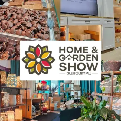 Collin County Fall Home & Garden Show graphic featuring a collage of specialty foods, home products, artisan décor, plants, and vendor displays.