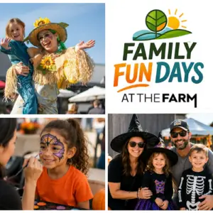 Family Fun Days at The Farm Halloween event collage featuring a child with a scarecrow performer, a child getting colorful face paint, and a family dressed in Halloween costumes in Allen, Texas