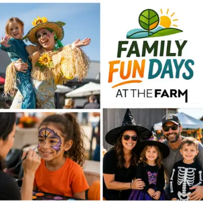 Family Fun Days at The Farm Halloween event collage featuring a child with a scarecrow performer, a child getting colorful face paint, and a family dressed in Halloween costumes in Allen, Texas