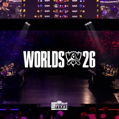 Promotional graphic for the 2026 League of Legends World Championship at Credit Union of Texas Event Center in Allen, Texas, featuring esports teams competing onstage in front of a large arena crowd.