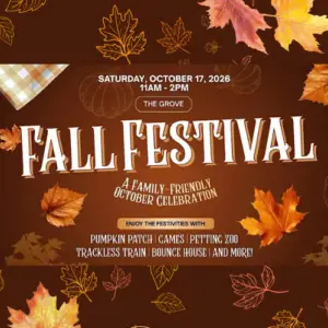 Fall Festival promotional graphic for The Village at Allen featuring autumn leaves and event details for a family-friendly celebration with a pumpkin patch, games, petting zoo, trackless train, bounce house, and more.