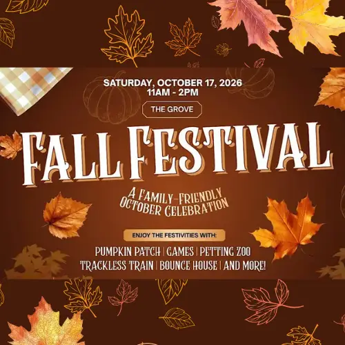 Fall Festival promotional graphic for The Village at Allen featuring autumn leaves and event details for a family-friendly celebration with a pumpkin patch, games, petting zoo, trackless train, bounce house, and more.
