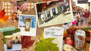 Fall-themed collage featuring seasonal drinks and treats, a vintage “Greetings from Allen, Texas” postcard, a family shopping at Watters Creek Village, colorful autumn leaves, apples, and a note reading “Currently Craving: Pumpkin Spice, Apple Cider... all things fall!”