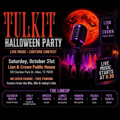 Promotional graphic for the Tulkit Halloween Party at The Lion & Crown in Allen, Texas, featuring a red moon, bats, and a microphone. Live music and a costume contest take place October 31, with music starting at 8:30 PM.