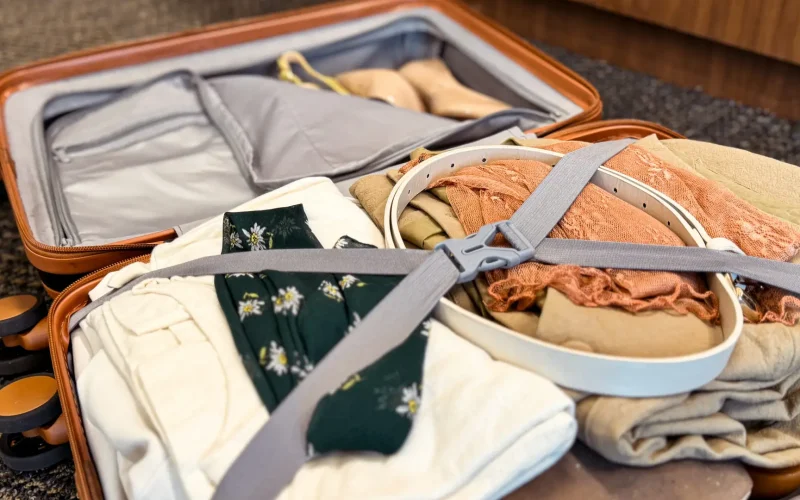 Open suitcase packed with neutral clothing, layered outfits, and accessories for intentional travel packing.